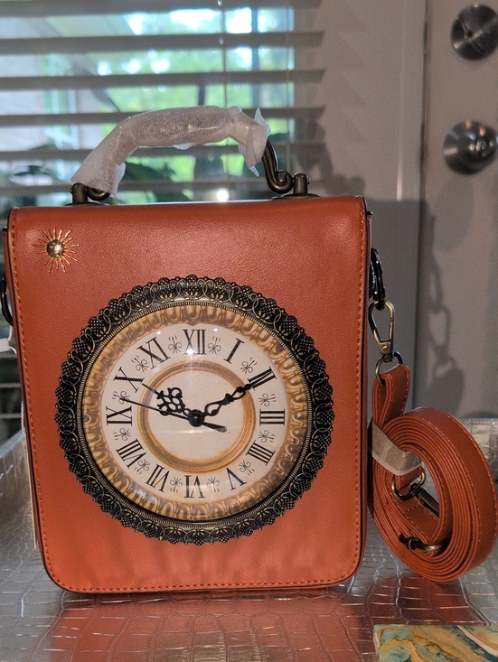 None Handbags - Working Clock Face Rust Crossbody Bag with Removable Strap - New